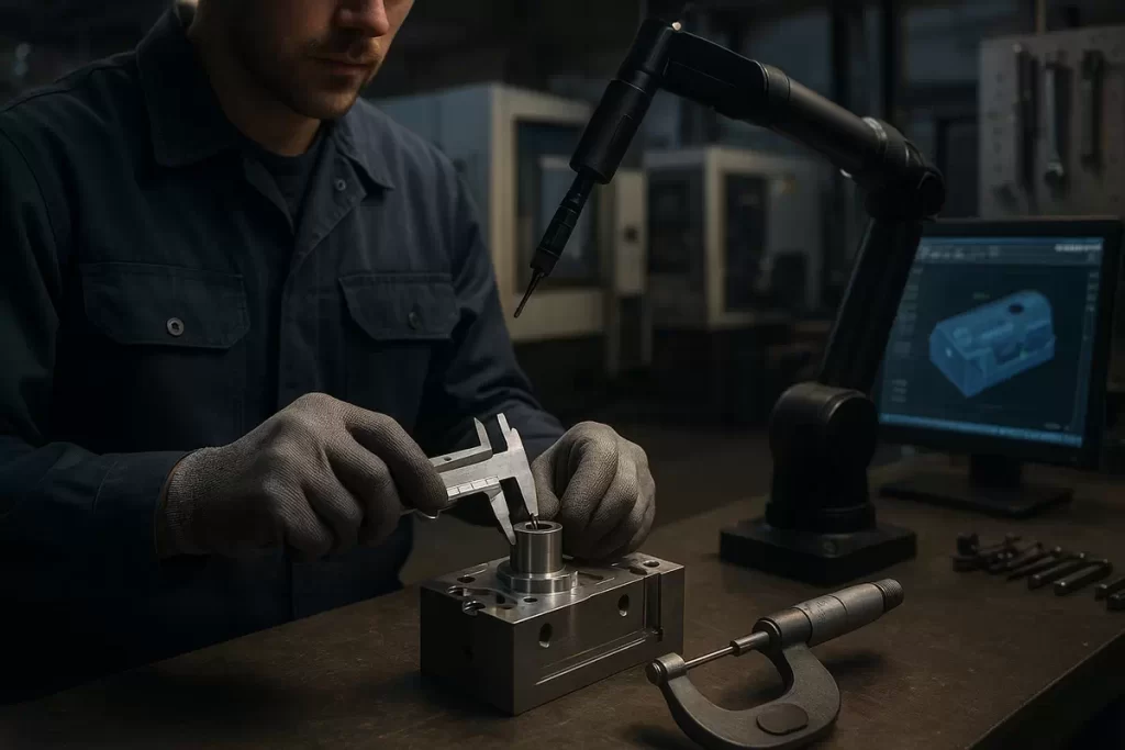 ขั้นตอนที่ 8 การตรวจสอบคุณภาพ Quality Inspection การผลิตในโรงกลึง CNC การผลิตในโรงกลึง CNC,โรงกลึง CNC,ขั้นตอนการผลิตในโรงกลึง CNC,การออกแบบชิ้นงานด้วยโปรแกรม Computer-Aided Design,สร้างชุดคำสั่ง G-Code,ตั้งค่าเครื่องจักร CNC,การตัดเฉือนขึ้นรูป